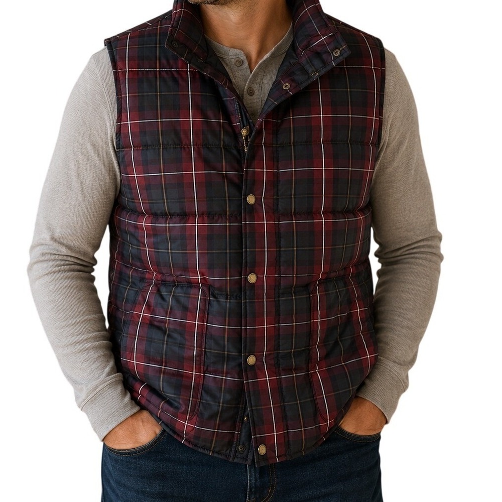 Lands End Navy Burgundy‎ And White Plaid Puffer Vest Men's XL